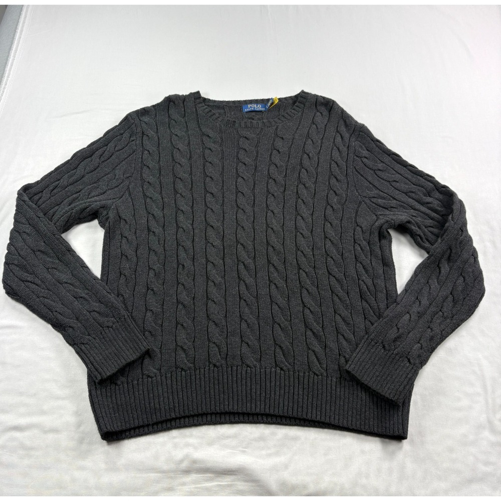 Polo Ralph Lauren Cable Knit Sweater mens Large Gray Pullover Stretch Crew Neck